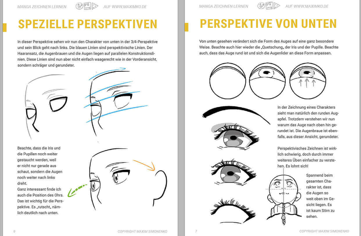 Schritt für Schritt Anleitungen mit Texten: Manga Augen in Perspektive zeichnen einfach erklärt mit Text und Grafik als kostenloser PDF Download verfügbar