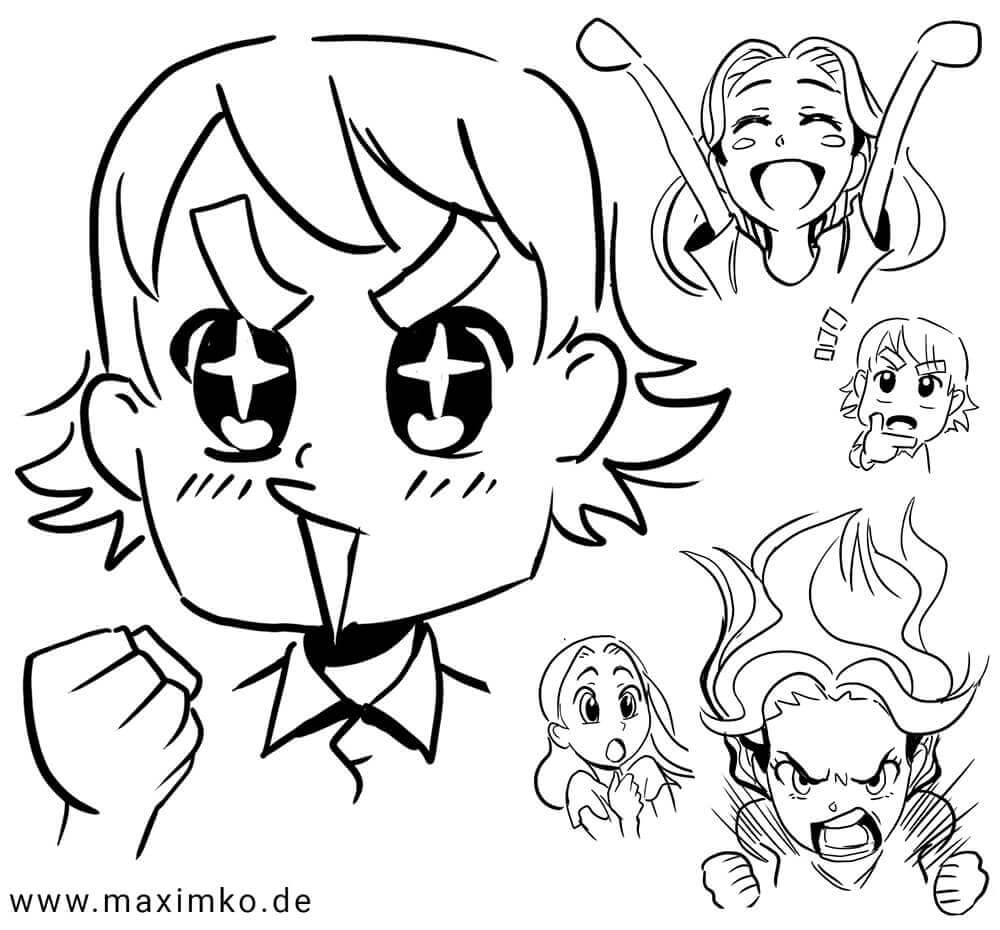 Abschluss Motivationsbild jubelnde Manga Charaktere mit leuchtenden Augen Collage