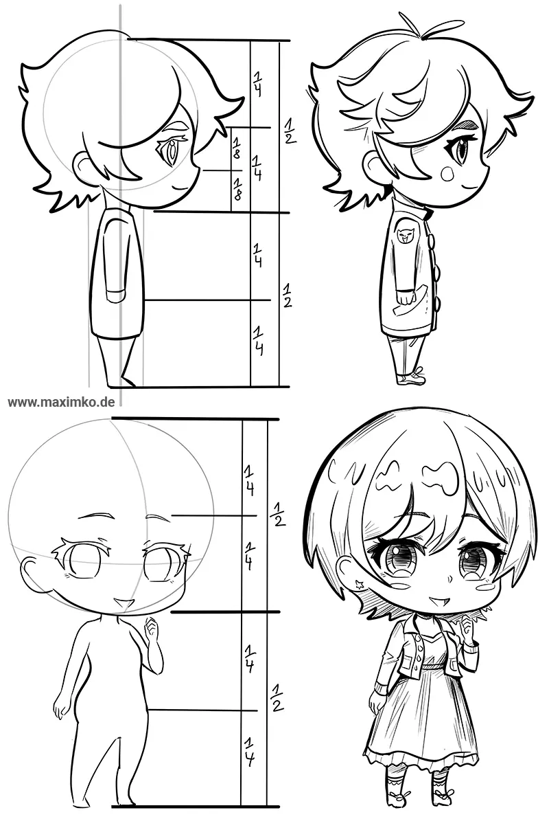 manga chibi koerper zeichnen von der seite und von 34 ansicht schritt fuer schritt