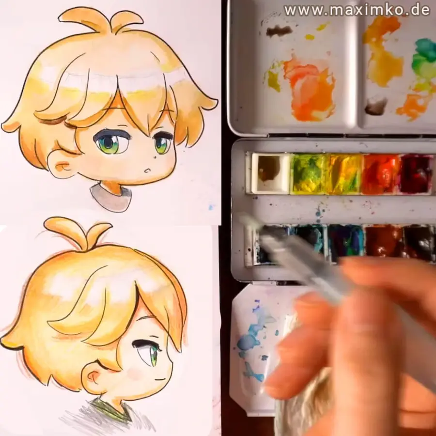 Manga Chibi Köpfe mit Aquarell farbig ausgemalt