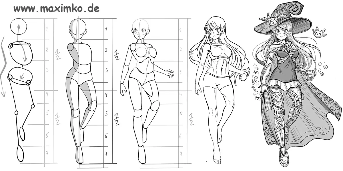 Manga Girl Körper Proportionen zeichnen in 5 Schritten von Konstruktion bis Kleidung mit Schattierung