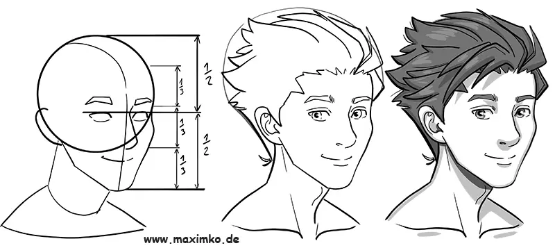 Manga Kopf eines Shonen Charakters zeichnen in 3 Schritten – Anleitung von Maxim Simonenko
