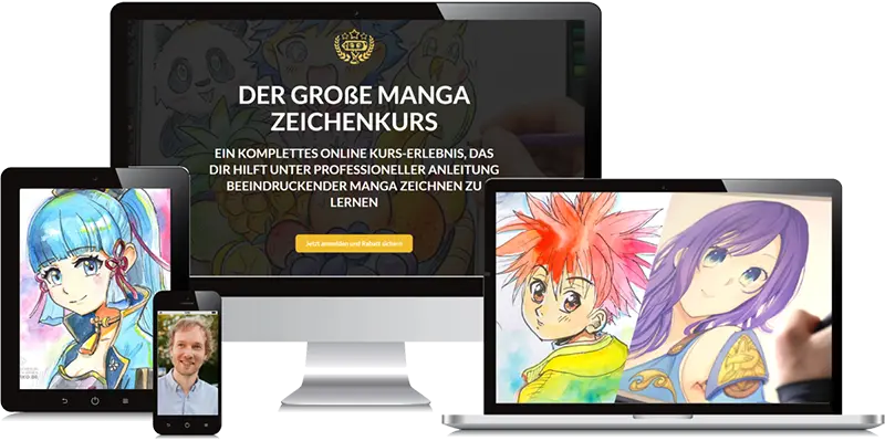 Manga Zeichenkurs Masterkurs Online: Alle Module und Lerninhalte auf Desktop, Tablet und Smartphone.