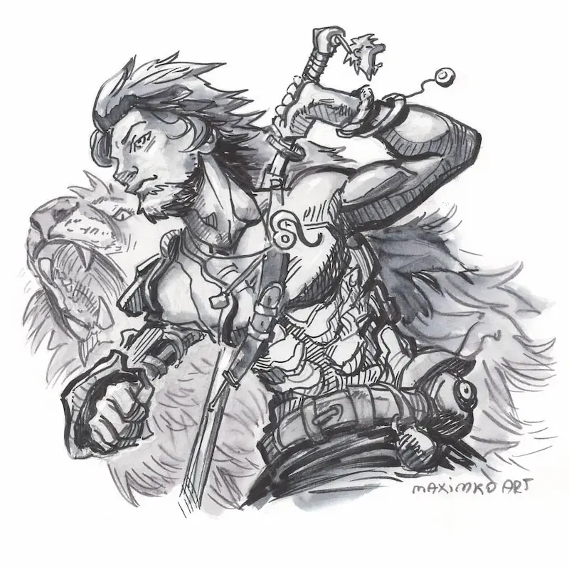 Manga zeichnen lernen mit Tusche und Verwischeffekt mit Wasser in einer dynamischen Perspektive Charakter mit Schwert und Löwe