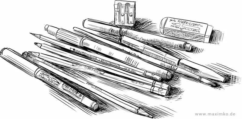 Manga zeichnen lernen Materialien Illustration auf dem Tisch liegen mit Tusche gezeichnet Stifte, Spitzer und Radiergummi