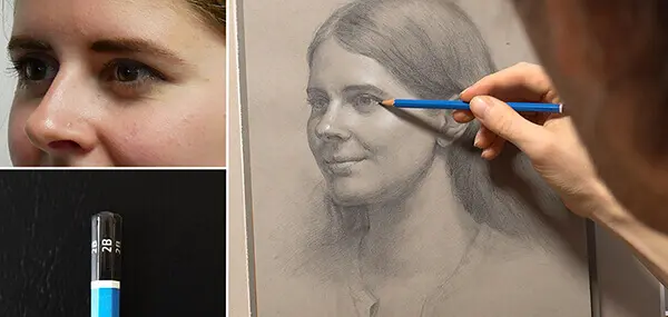 Ausgearbeitetes realistisches Portrait mit Kohle und Bleistift – Portrait-Ausbildung von Maxim Simonenko
