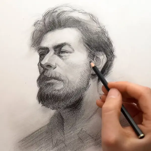 Realistisches Portrait mit Bleistift eines Mannes mit Bart – tiefe Schattierung und Anatomie auf Meister-Niveau