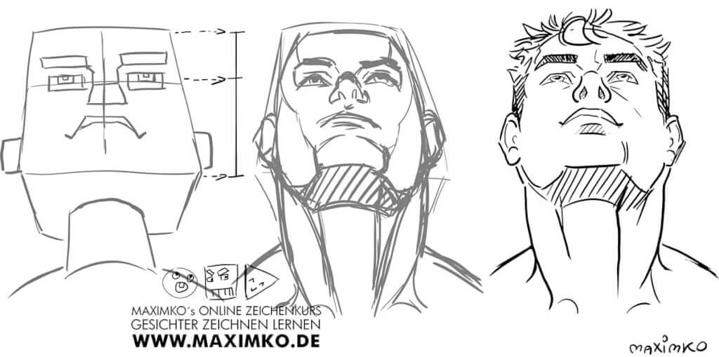 Zeichnung eines vereinfachten Portraits eines Mannes in Perspektive von unten als Übung zum Portrait zeichnen lernen – Konstruktionsmethode von Maxim Simonenko