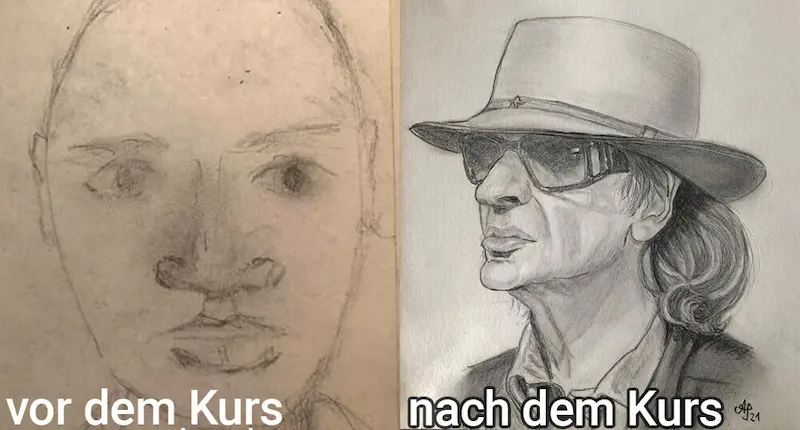 Vorher Nachher Porträt einer Kursteilnehmerin - Vor dem Kurs gezeichnet und danach mit enormer Verbesserung