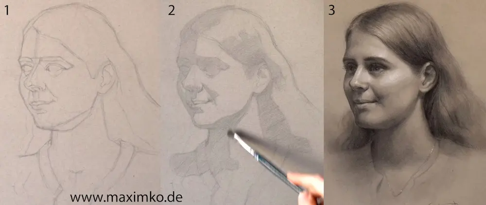 Tutorial für ein realistisches Bleistift-Porträt mit Fokus auf weiche Verläufe (Formschatten) und harte Kanten (Schlagschatten).