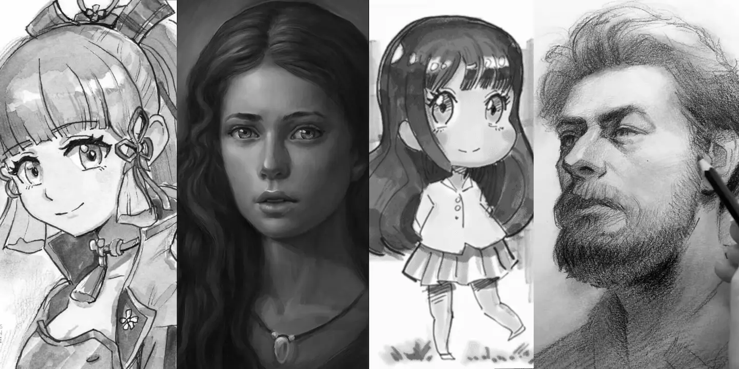 Vergleich von Schatten in Manga, Comic und Realismus zur Demonstration gleicher Schattierungs-Prinzipien.