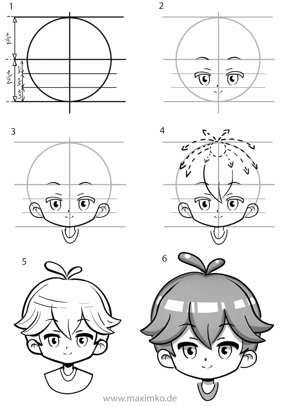 Schritt-für-Schritt Anleitung: Chibi Junge zeichnen lernen. Von der Kreis-Konstruktion über die Gesichtsproportionen bis hin zur Schattierung und Lichtreflexen im Haar. 