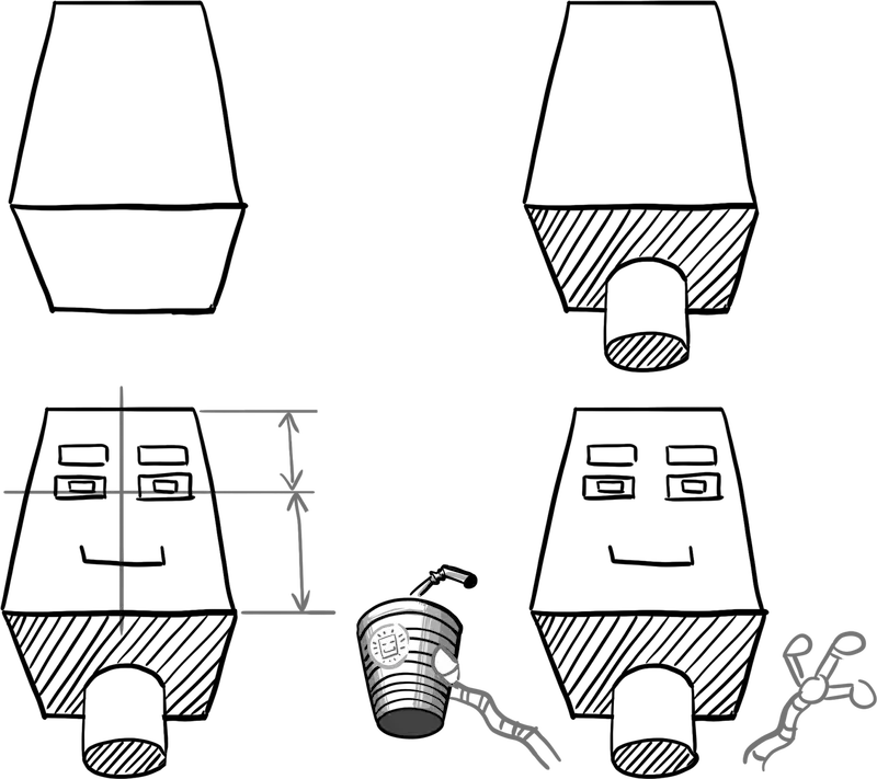 Anleitung: Manga Gesicht von unten zeichnen (Froschperspektive). 4-Schritte-Konstruktion mit einem Robo-Block zur Verdeutlichung der Flächen. 