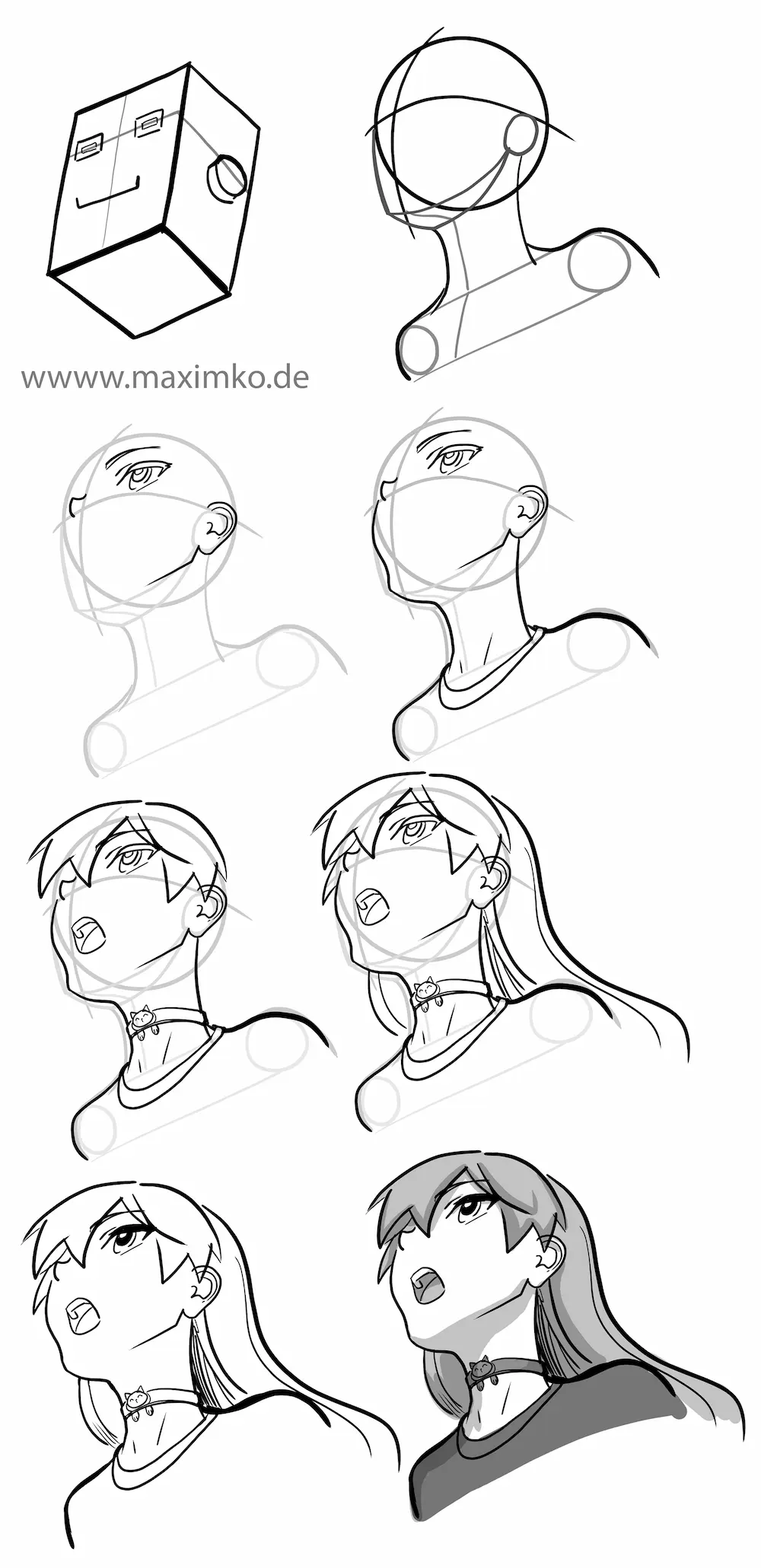 7-Schritte-Anleitung: Manga Mädchen in der 3/4-Ansicht von unten zeichnen. Inklusive Robo-Kun Konstruktion, Graustufen-Schattierung und perspektivischer Verkürzung. 