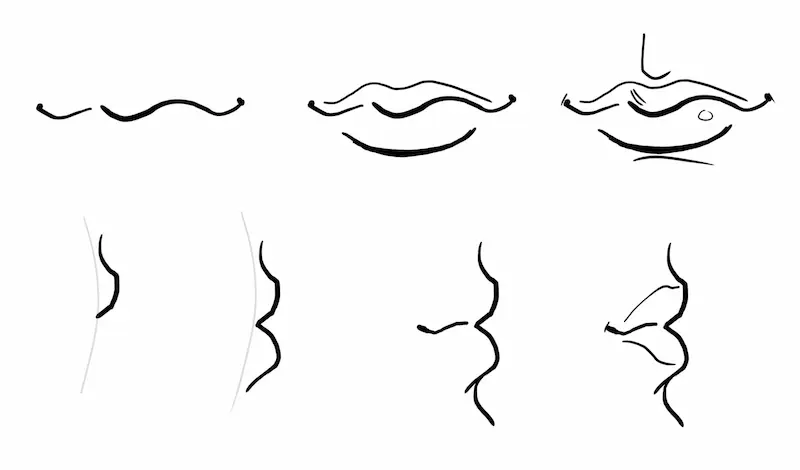 Anleitung: Manga Mund zeichnen von vorne (3 Schritte) und von der Seite (4 Schritte). Fokus auf Lippenform, Mundwinkel und anatomische Wölbung. 