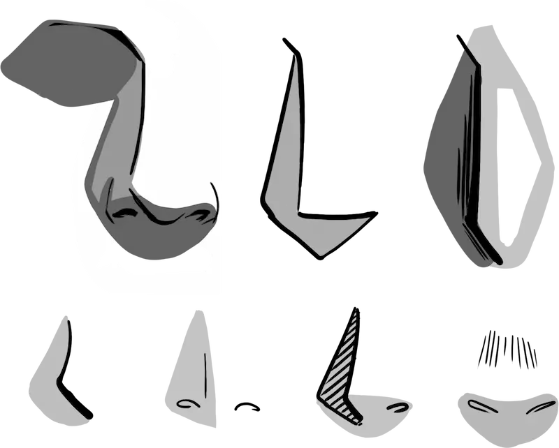 Tutorial: 7 verschiedene Manga-Nasen-Stile im Vergleich. Darstellung von einfacher Nasenlinie bis zur detaillierten Schattierung basierend auf realistischer Anatomie. 