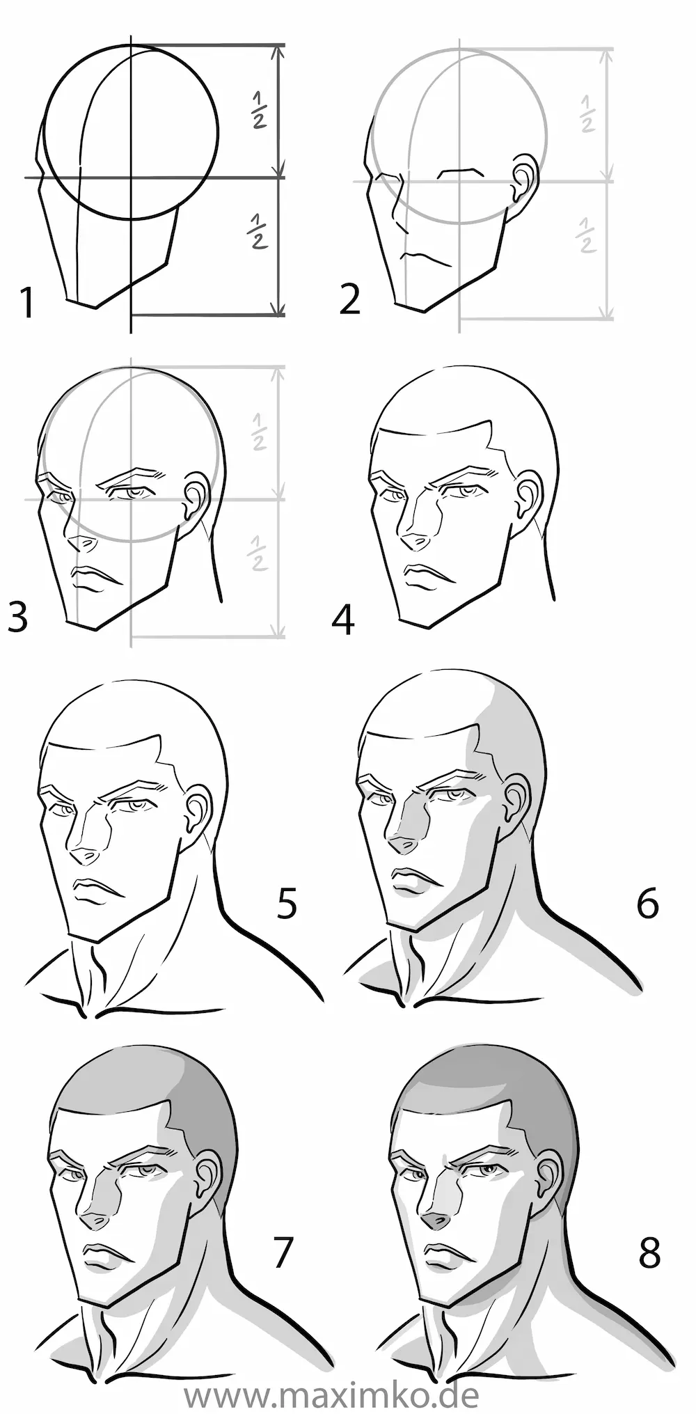 Schritt-für-Schritt Anleitung: Einen männlichen Manga-Charakter im Seinen-Stil zeichnen. 8 Etappen von der Kopf-Konstruktion über markante Gesichtszüge bis zur realistischen Schatten-Schattierung. 