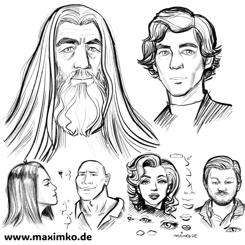 Portrait-Übung anhand von Fotos – Charakterzüge erkennen und einfach aber ausdrucksstark zeichnen für Anfänger - Gandalf, The Rock, Marylin Monroe Modulbild