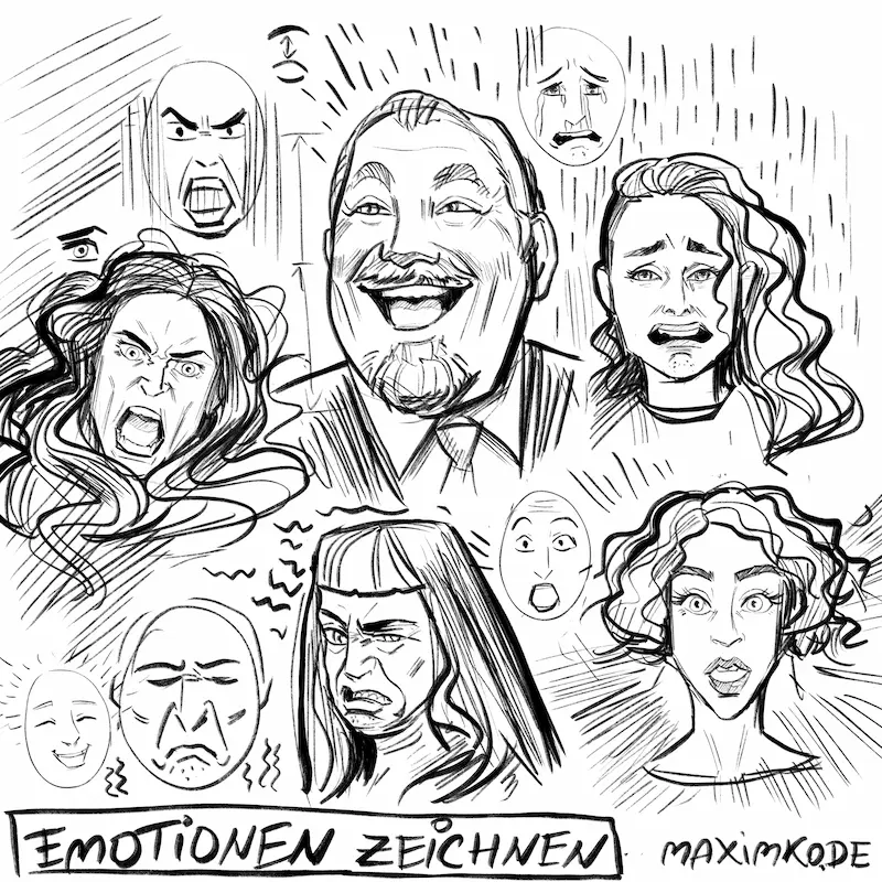 Emotionen und Gesichtsausdruck zeichnen Modulbild Portrait zeichnen Anfänger Zeichenkurs Wut, Freude, Überraschung, Ekel