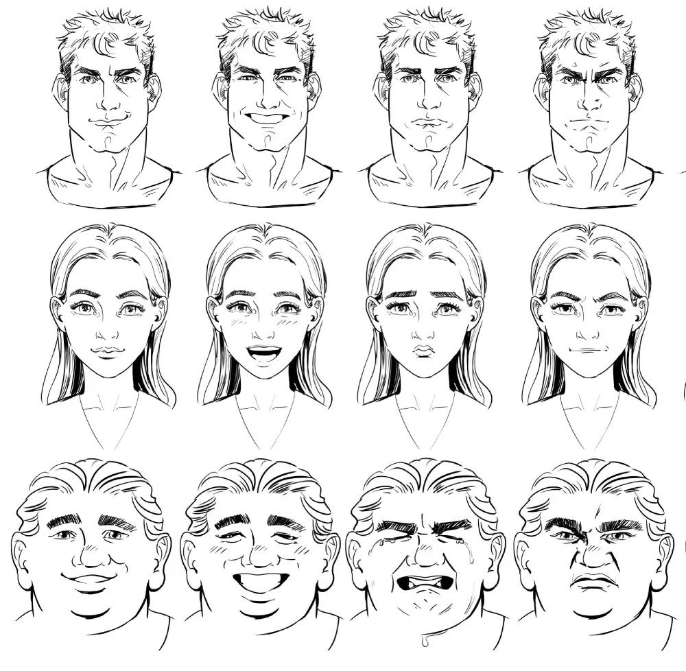 Gesichter zeichnen lernen: Emotionen und Gesichtsausdruck wie Freude, Trauer und Wut verdeutlicht an drei unterschiedlichen Charakteren