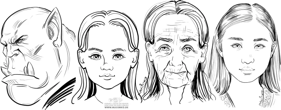 Gesichter unterschiedlichen Alters zeichnen lernen Beispiele sowie Ork Gesicht und asiatische Frau zeichnen