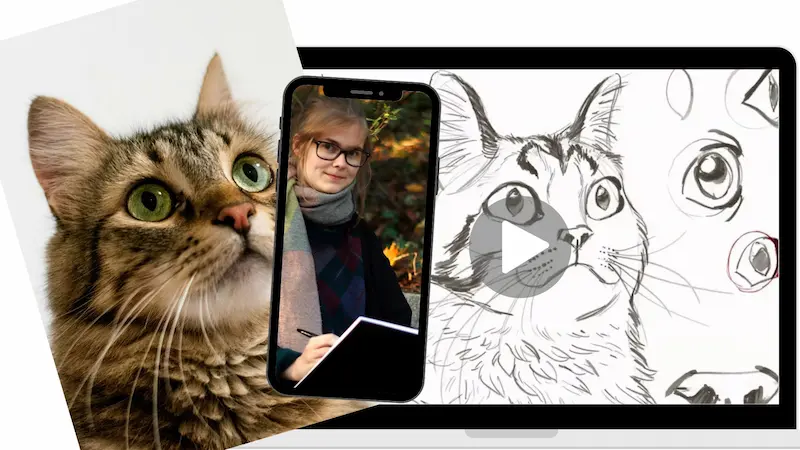 Mockup das Lisa die Künstlerin zeigt, ein Foto einer Katze als Rerferenz und einen Einblick in das Video wie man Katzen zeichnet