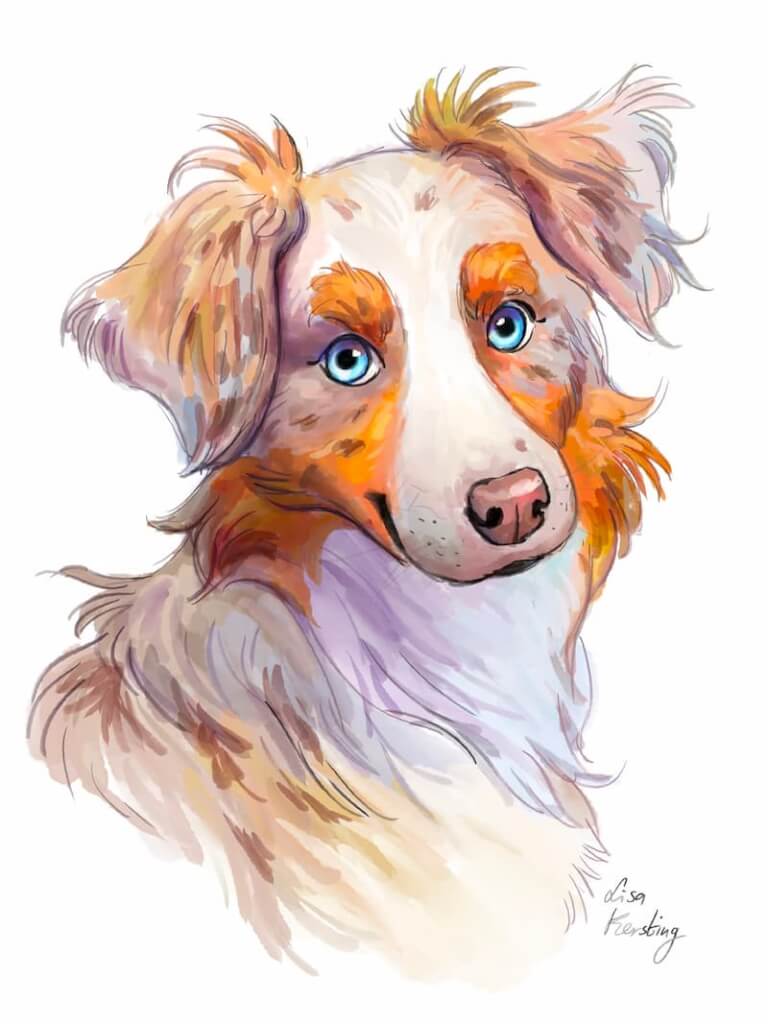 Fertiges Schäferhund-Porträt in Farbe – so kannst du Tiere zeichnen lernen, Schritt für Schritt. Gezeichnet von Lisa Kersting