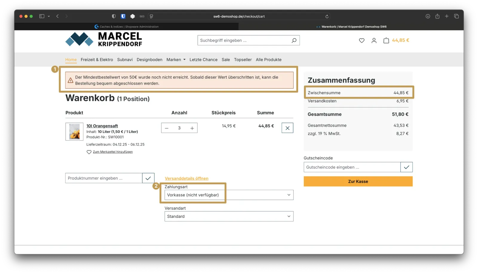 sw simplyworks shopware mindestbestellwert ohne plugins 5 2