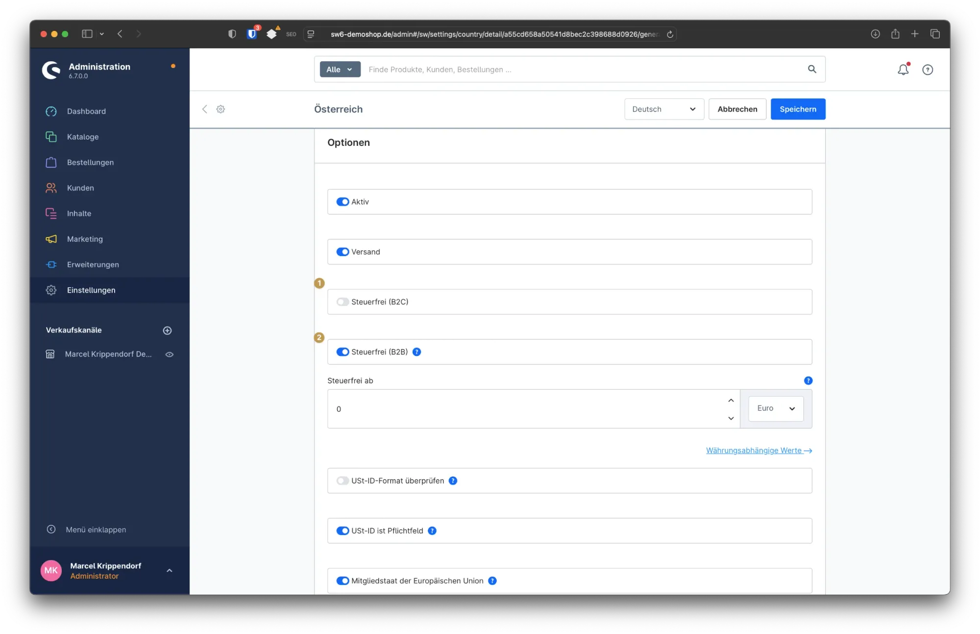 sw simplyworks steuereinstellungen shopware6 2 2
