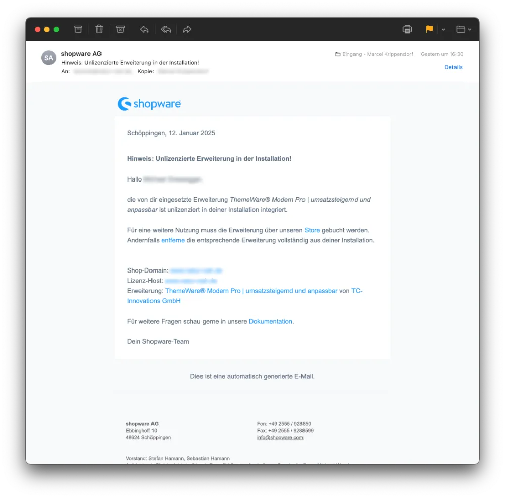 Hinweis: Unlizenzierte Erweiterung in der Installation!