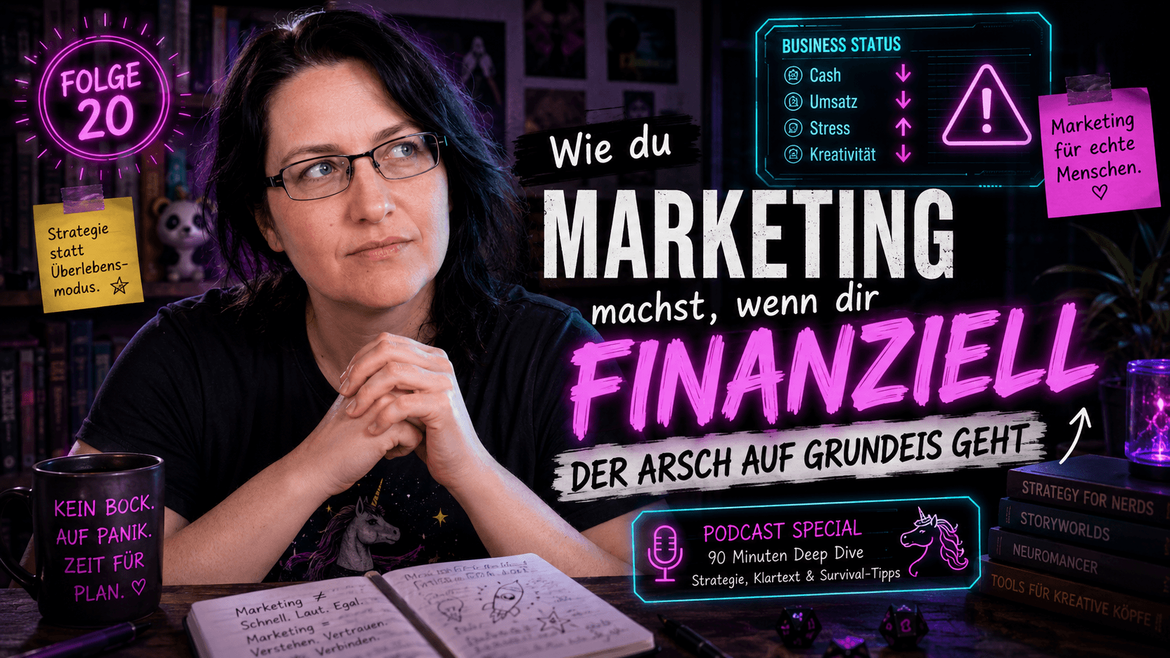 Wie du Marketing machst, wenn dir finanziell der Arsch auf Grundeis geht. Warum Geldstress oft kein Marketingproblem ist – und Marketing trotzdem darunter leidet. Ein Marketing Vortrag von Platti Lorenz. Marketing in flauschig