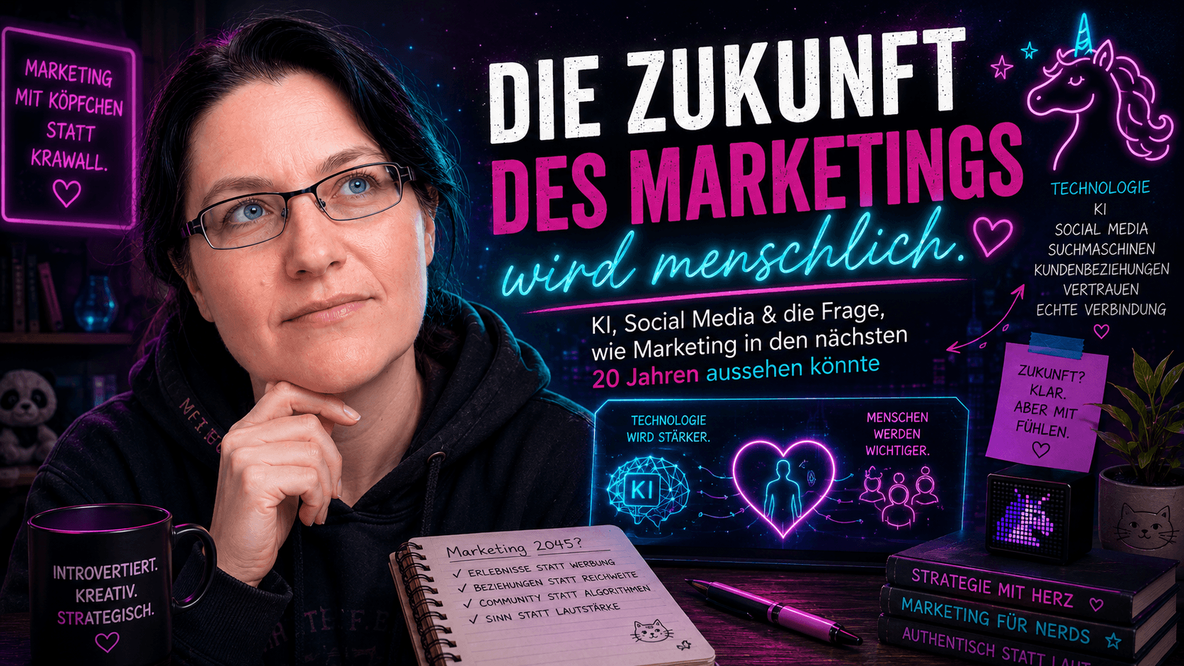 Die Zukunft des Marketings wird menschlich. KI, Social Media und die Frage, wie Marketing in den nächsten 20 Jahren aussehen könnte. Ein Marketing Vortrag von Platti Lorenz. Marketing in flauschig