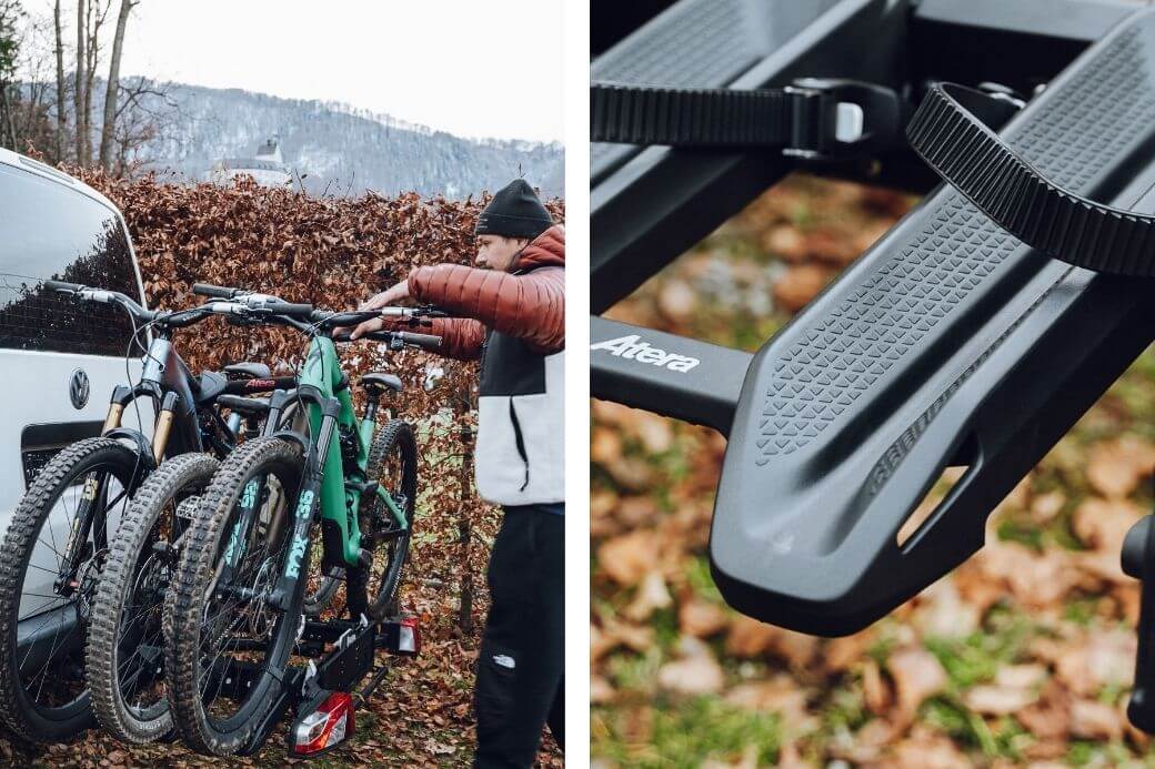 2 E-MTBs und ein MTB auf dem Forza L Fahrradtraeger von Atera mit 65kg Zuladung