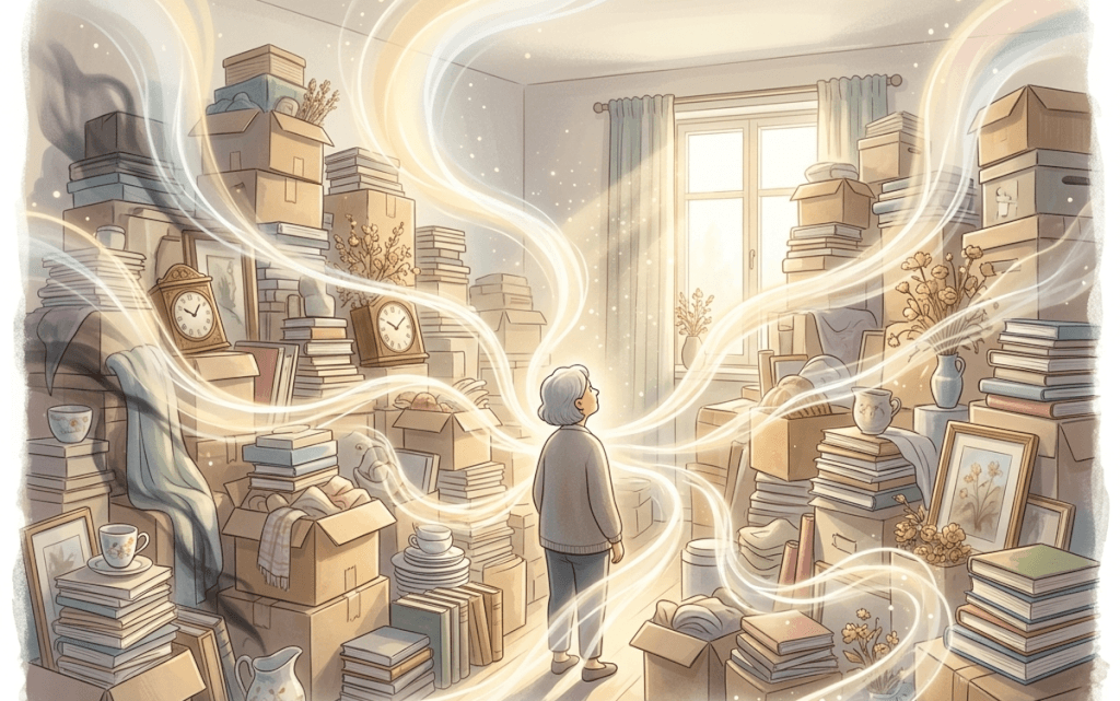 Aquarell-Illustration: Eine ältere, graumelierte Frau steht inmitten eines völlig vollgestellten Raums – Stapel aus Büchern, Kartons, Uhren, Geschirr, Bilderrahmen, Decken. Von ihr gehen geschwungene, leuchtend-weiße Energieströme aus, die sich durch das Chaos bewegen. Aus dem Fenster fällt Licht herein. Stimmung: bedrückend, aber mit Lichtausblick