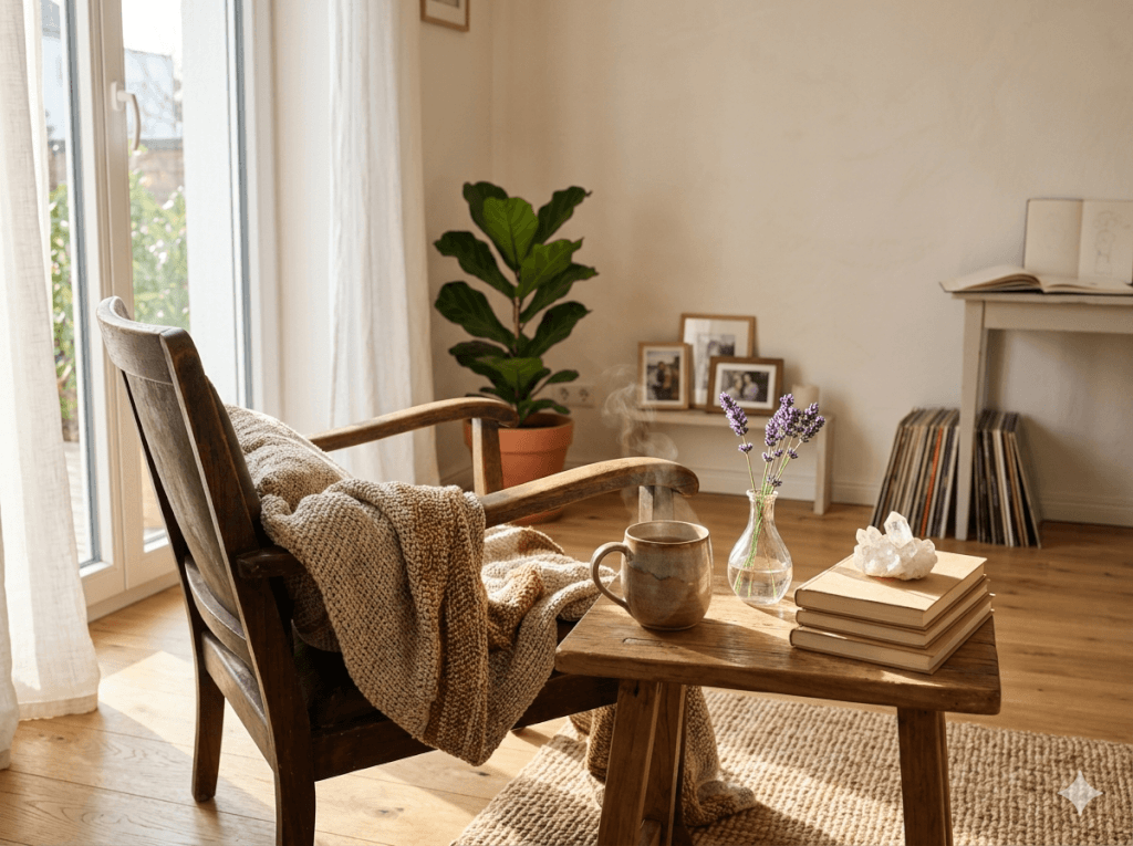 Ein aufgeräumtes, lichtdurchflutetes Wohnzimmer mit Holzstuhl, Strickdecke, dampfender Teetasse, Lavendelstrauß in Glasvase, Bücherstapel mit weißem Kristall obenauf. Fensterfront zum Grünen. Atmosphäre: ruhig, klar, heilsam.