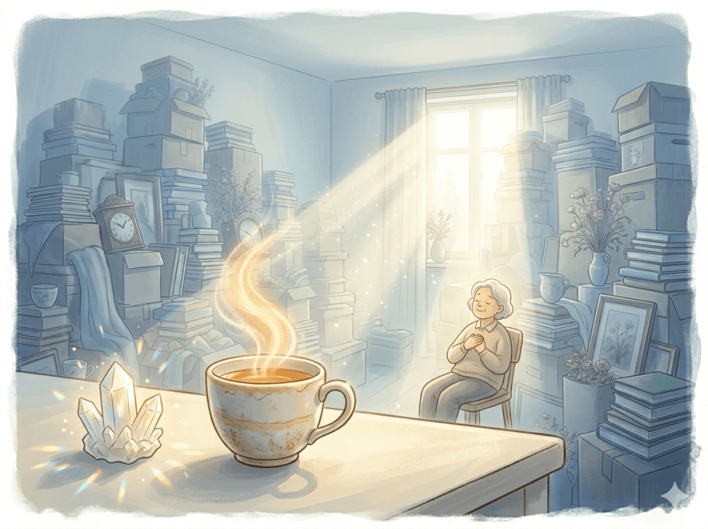 Aquarell-Illustration: Blaue, kühle Farbpalette. Im Vordergrund eine große dampfende Teetasse und ein weißer Bergkristall auf einem Tisch. Im Hintergrund dieselbe ältere Frau – sie sitzt, Augen geschlossen, Hände auf der Brust, ein leises Lächeln. Um sie herum wieder der volle Raum. Aus der Tasse steigen goldene Energiewirbel auf. Strahlen brechen durchs Fenster herein.