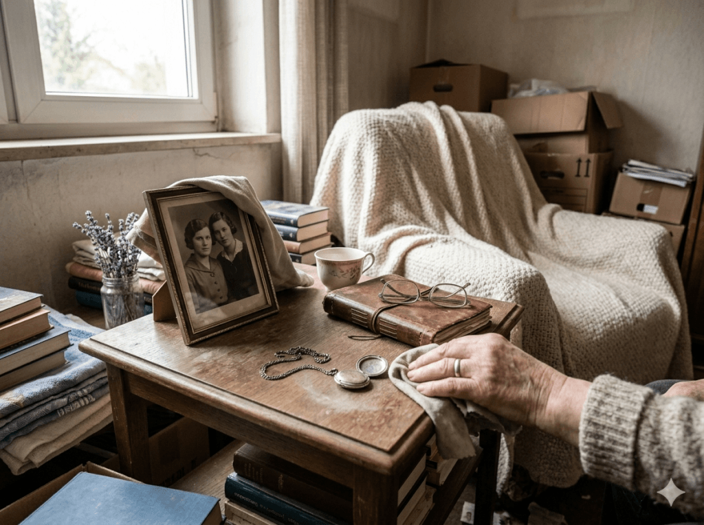 Nahaufnahme einer älteren Hand auf einem hölzernen Beistelltisch. Darauf: ein antikes Schwarz-Weiß-Familienfoto (zwei Frauen, vermutlich Mutter und Tochter), ein Leder-Tagebuch mit Brille, eine Taschenuhr, ein Lavendelstrauß in Einmachglas, eine Teetasse. Im Hintergrund: ein mit einer Strickdecke verhängter Sessel, Bücherstapel, Umzugskartons. Atmosphäre: melancholisch, erinnerungsbeladen, würdevoll.
