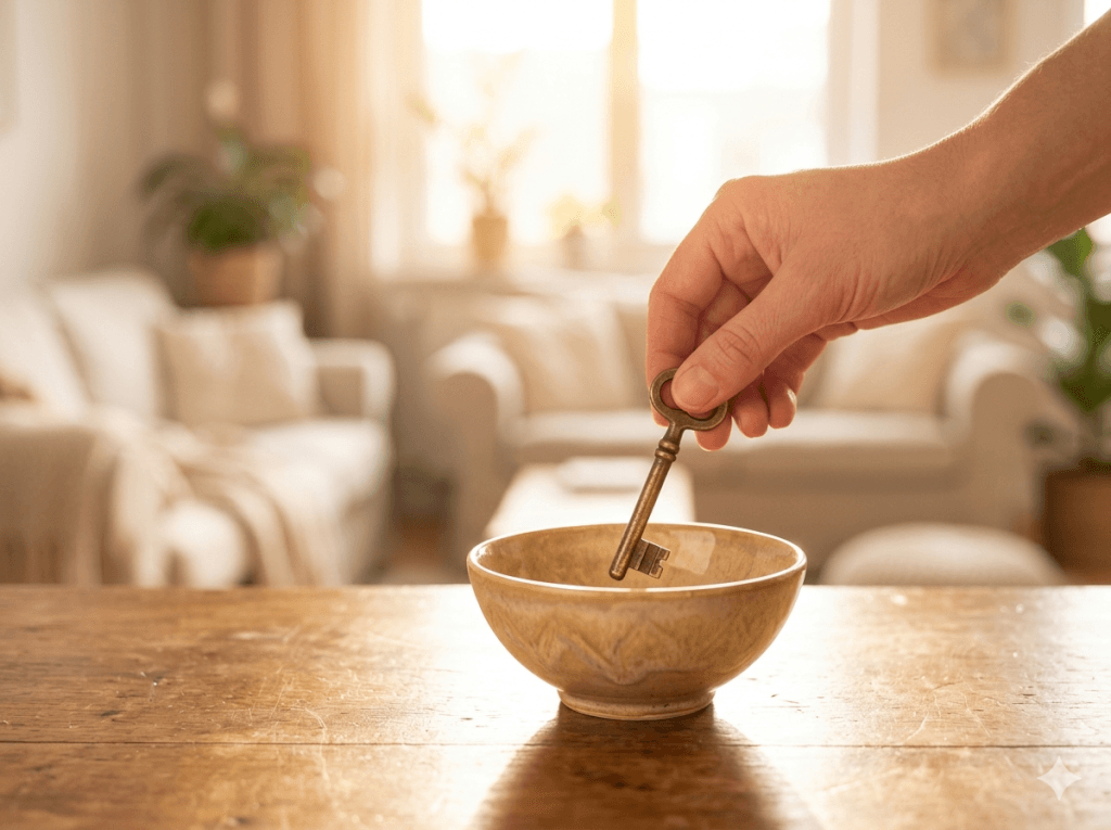 Eine Hand greift nach einem alten, bronzefarbenen Schlüssel, der in einer handgefertigten Keramikschale auf einem rustikalen Holztisch liegt. Im Hintergrund ein helles, warmes Wohnzimmer mit weißen Sofas und Zimmerpflanzen. Atmosphäre: einladend, warm, goldenes Licht.