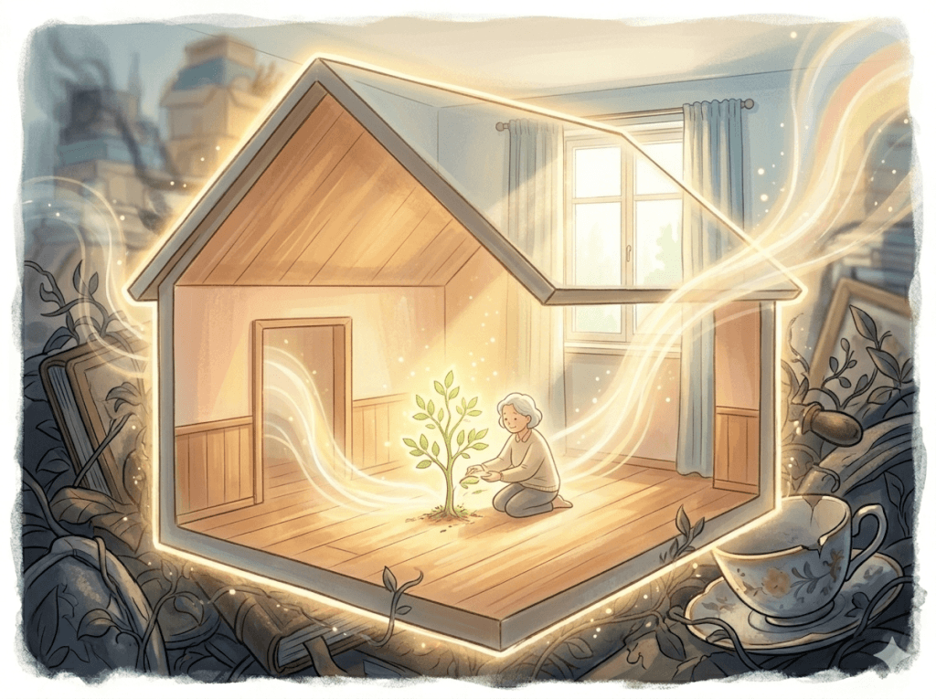 Aquarell-Illustration: Warme, goldene Töne. Im Zentrum ein kleines, aufgeschnittenes Holzhaus – im Innern kniet die ältere Frau und pflegt ein kleines, frisch wachsendes Pflänzchen. Das Haus ist von einem hellen Lichtrahmen umgeben. Drumherum: Chaos aus Büchern, Tassen, Schutt. Aus dem Hausinnern strömt helles, reinigendes Licht nach außen. Rechts oben ein Regenbogen.