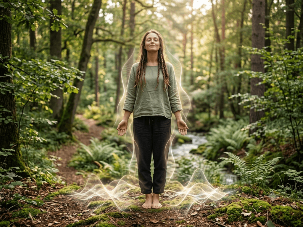 Blogbeitrag Frequenzen und Klaenge Lichtwohnen Frau stehend auf Waldboden 2026
