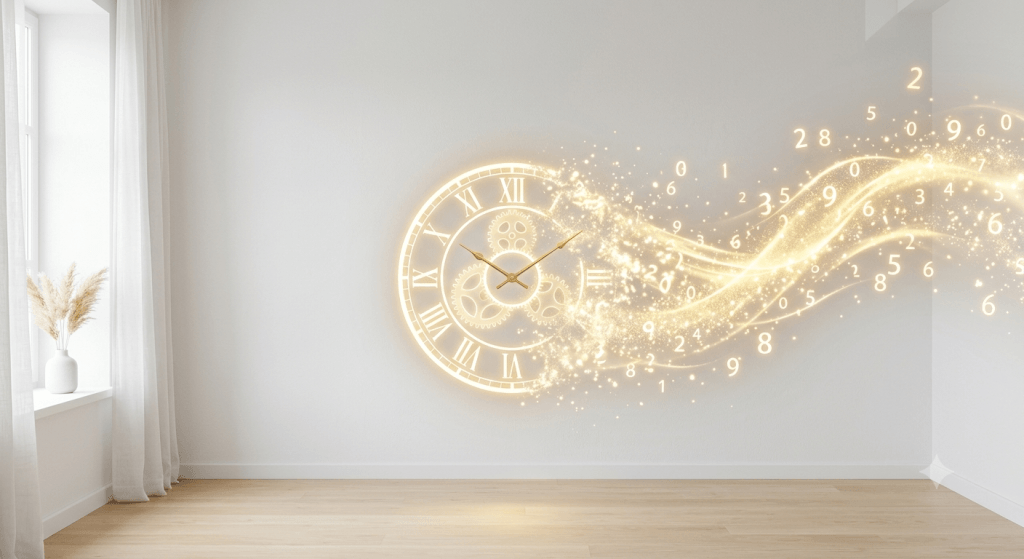 Zeit und Chaos Was Zeit energetisch gesehen fuer dein Zuhause bedeutet Lichtwohnen Eine helle leuchtende Ziffernblatt Uhr im minimalistischen Raum die ihre Hälfte in einen diagonalen Stream aus goldenem Licht und schwebenden Zahlen auflöst.