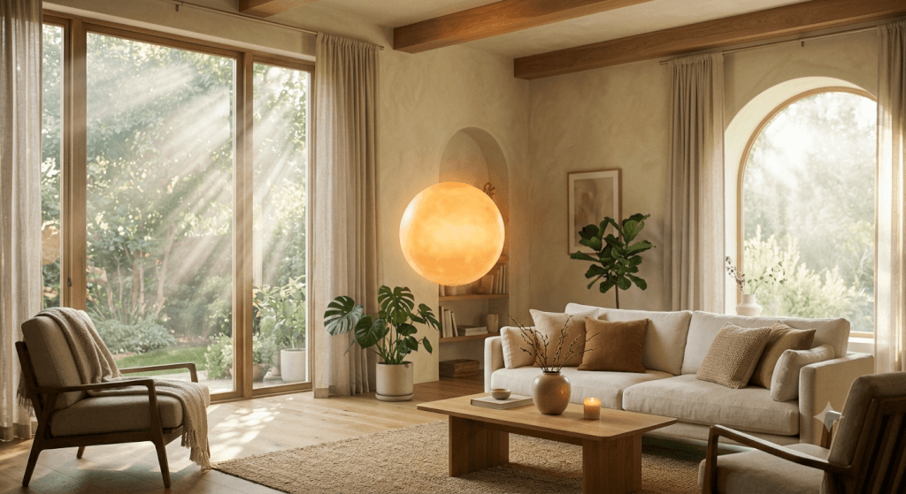 Zeit und Chaos Was Zeit energetisch gesehen fuer dein Zuhause bedeutet Lichtwohnen gemütliches, modernes Wohnzimmer mit Terassenblick und einem schwebenden Sonnen-Energieball im Raum.