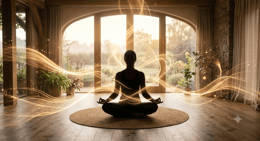 Zeit und Chaos Was Zeit energetisch gesehen fuer dein Zuhause bedeutet Lichtwohnen Silhouette einer meditierenden Person im Lotussitz auf einem runden Juteteppich in einem hellen, naturnah gestalteten Raum, umströmt von sanften, goldenen Lichtwellen und schwebenden Partikeln.