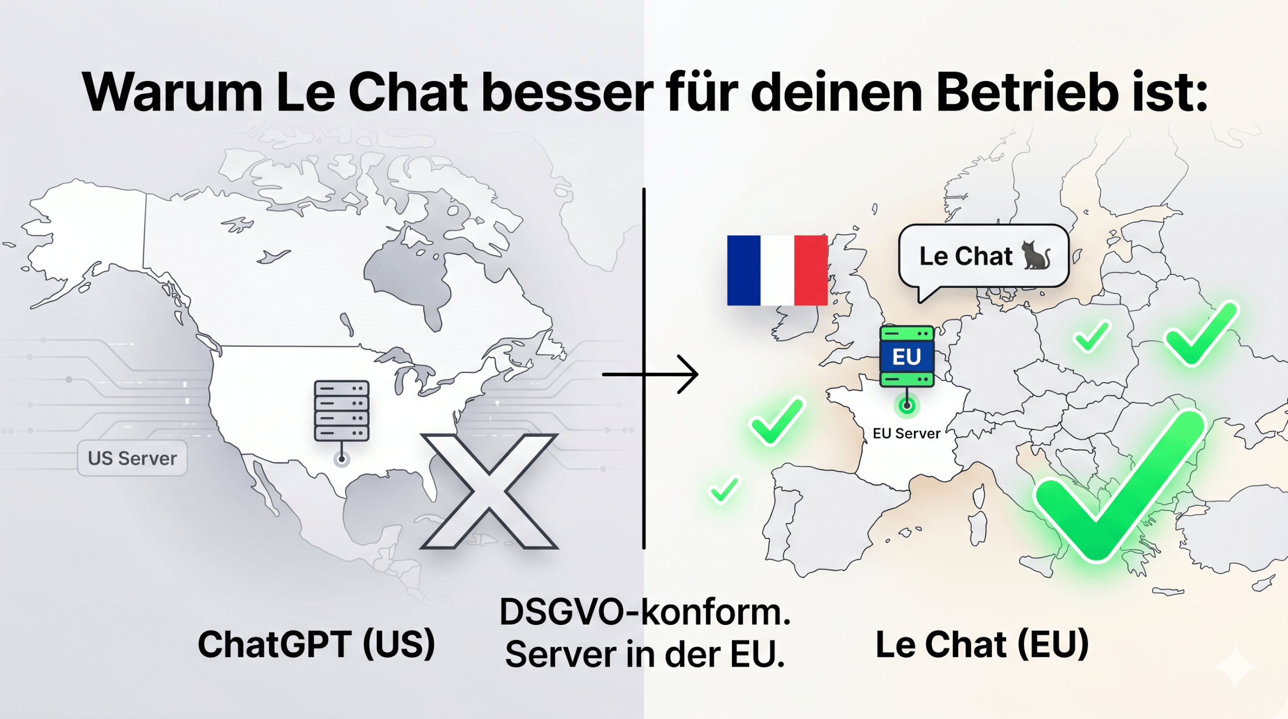 Le Chat statt ChatGPT — Vergleich europäischer und amerikanischer KI für kleine Betriebe