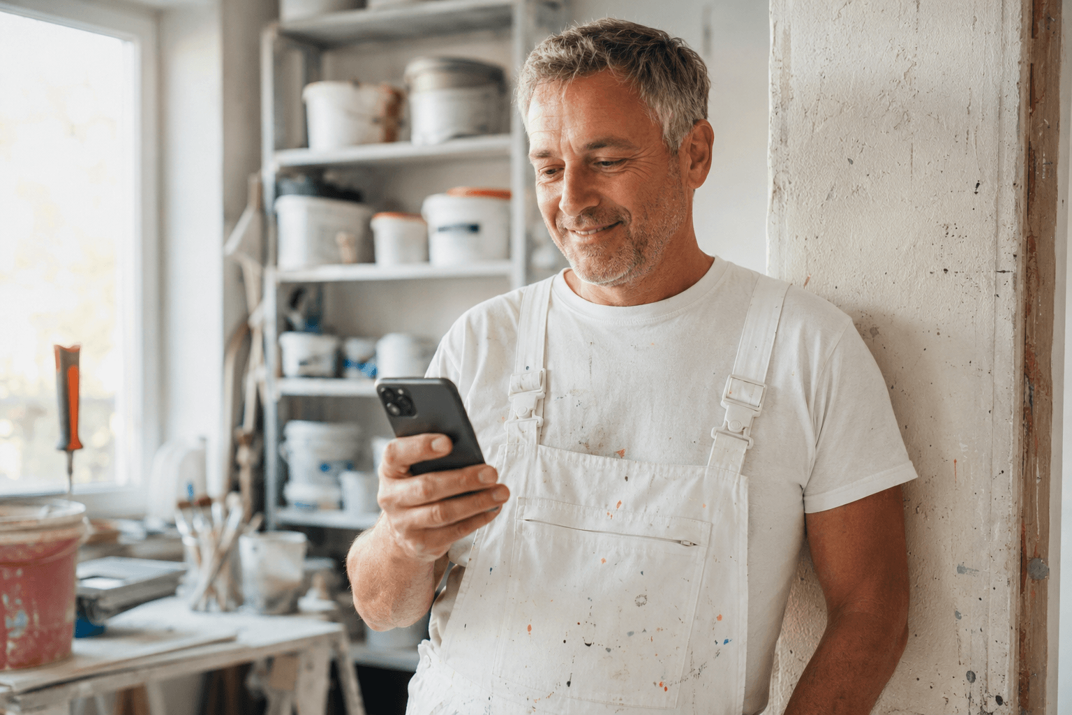 Maler liest Nachricht auf Smartphone in seiner Werkstatt