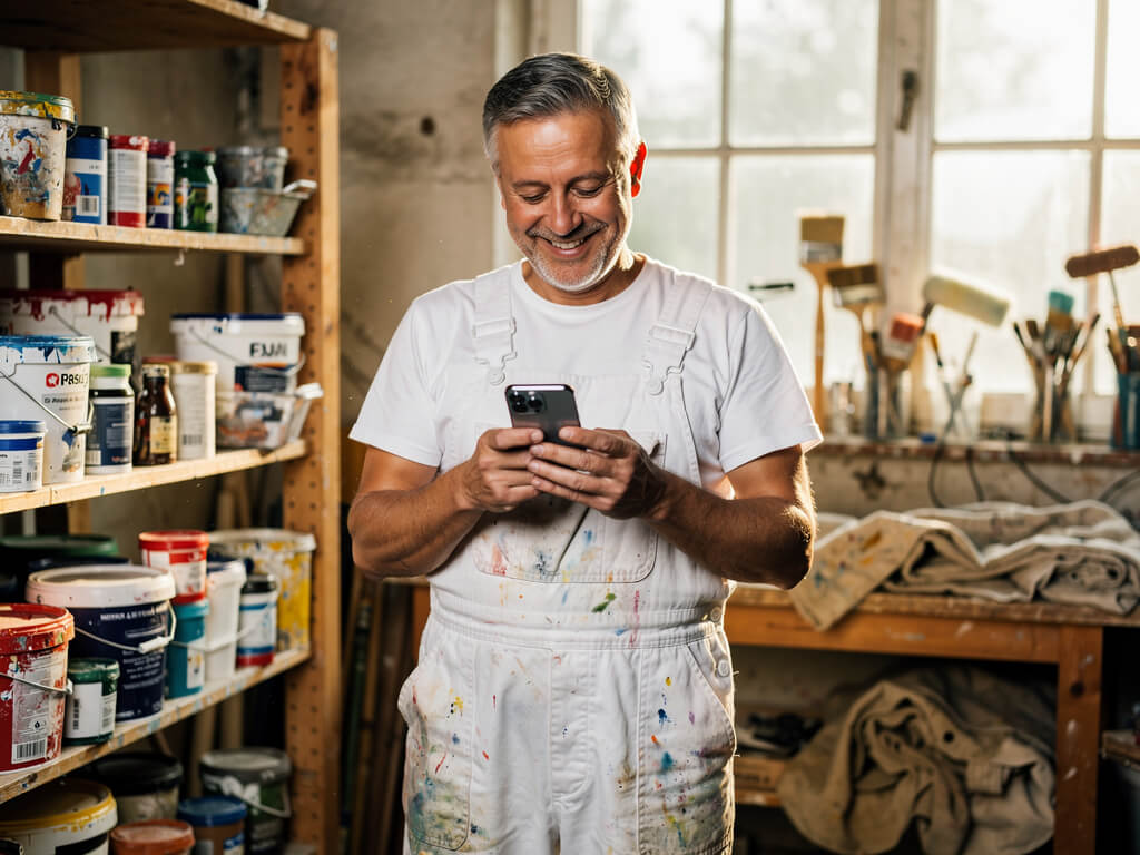 Maler mit Smartphone in seiner Werkstatt, prüft Le Chat für Angebot und Kundenmail