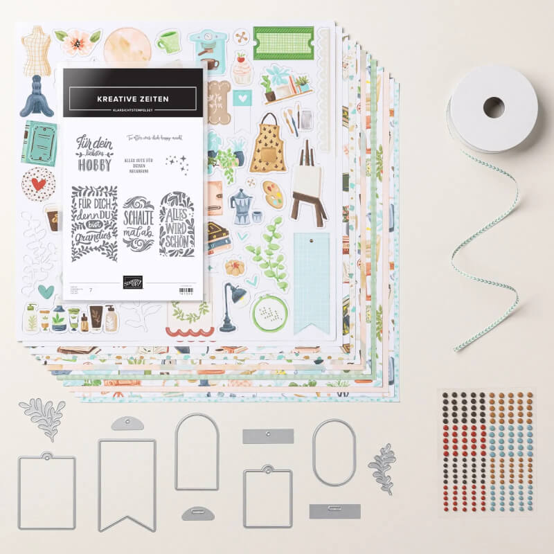 du siehst alles, was in der Produktreihen-Kollektion enthalten ist. buntes Papier, Stempel, Stanzformen, Band und Akzente