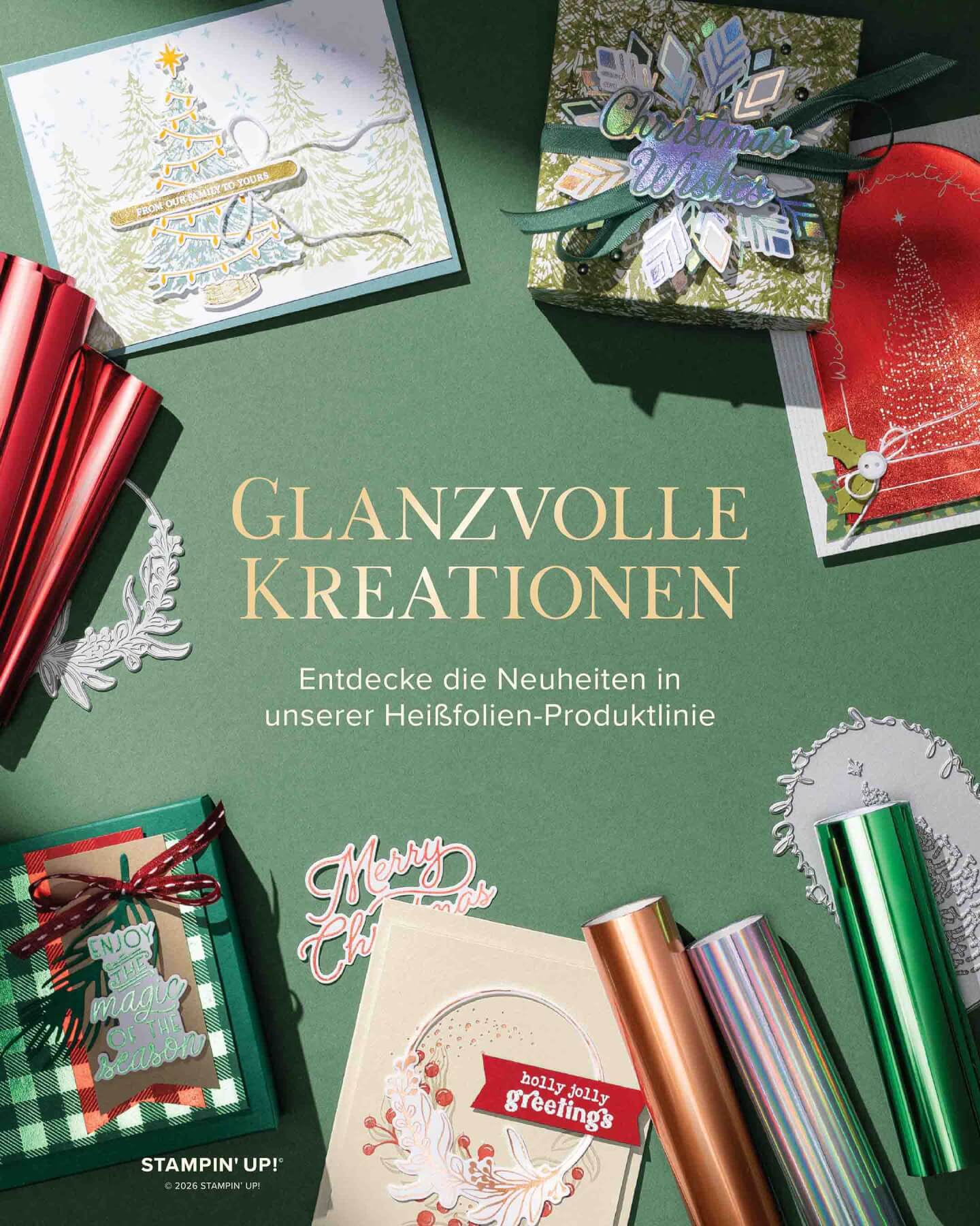 Werbebild „Glanzvolle Kreationen“: weihnachtliche Karten und Verpackungen mit Heißfolien in Rot, Kupfer und Grün