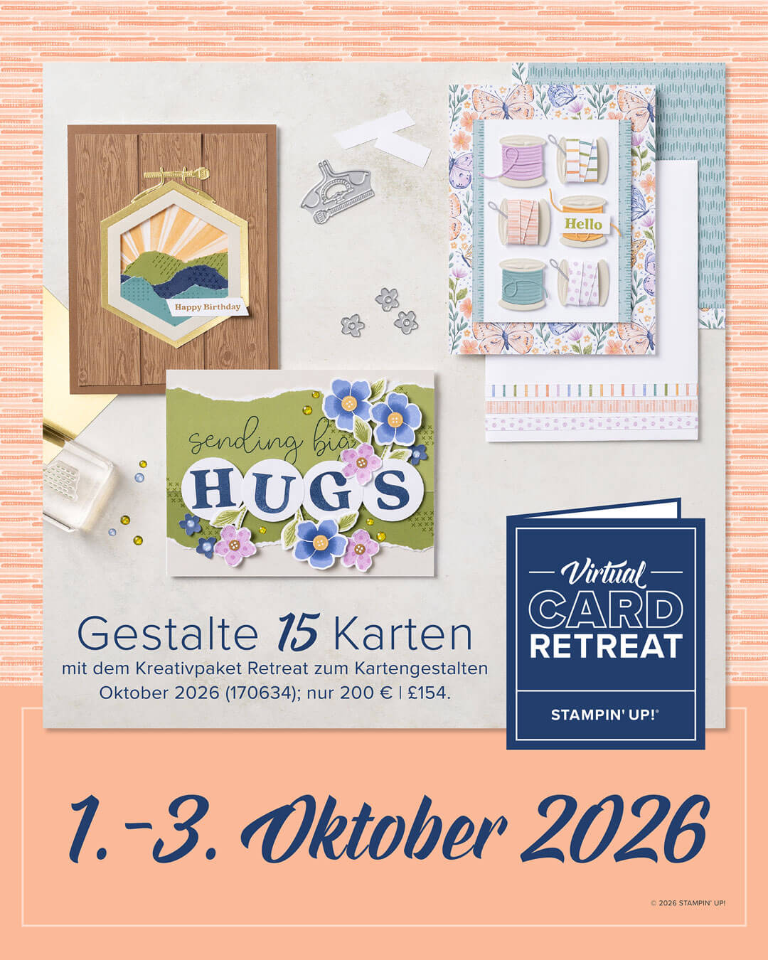 Werbebild Virtual Card Retreat vom 1. bis 3. Oktober 2026: Kreativpaket Retreat zum Kartengestalten für 15 Karten