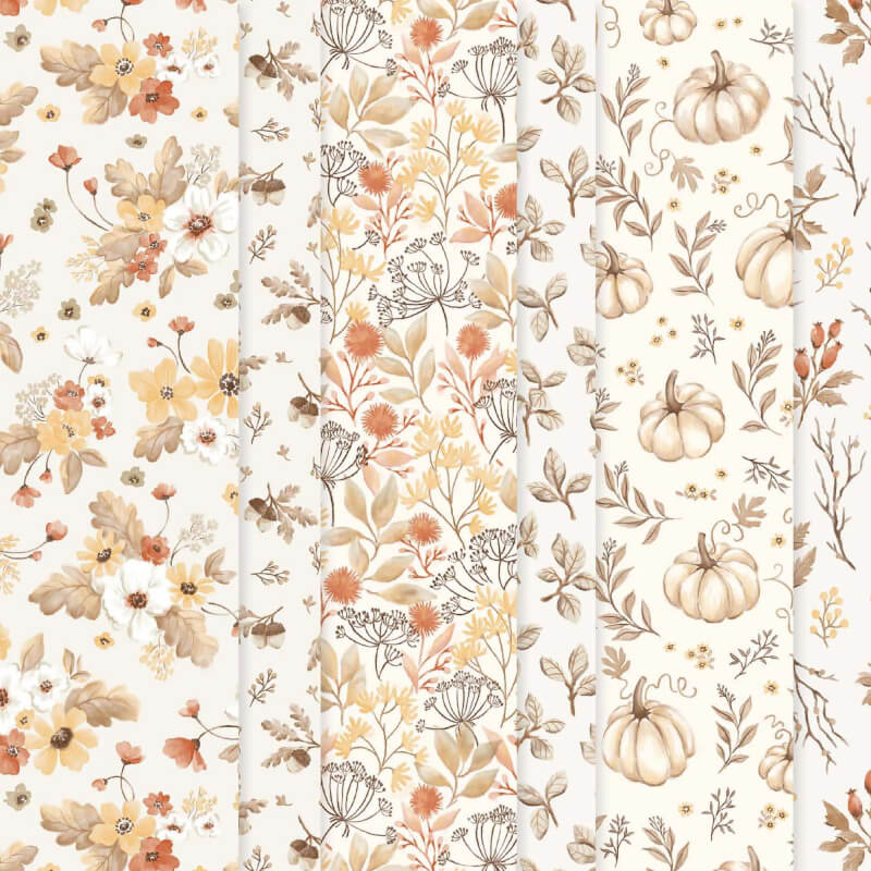 Besonderes Designerpapier Herbstliebe, gemustertes Papier in Brauntönen. mit Kürbissen und Blättern